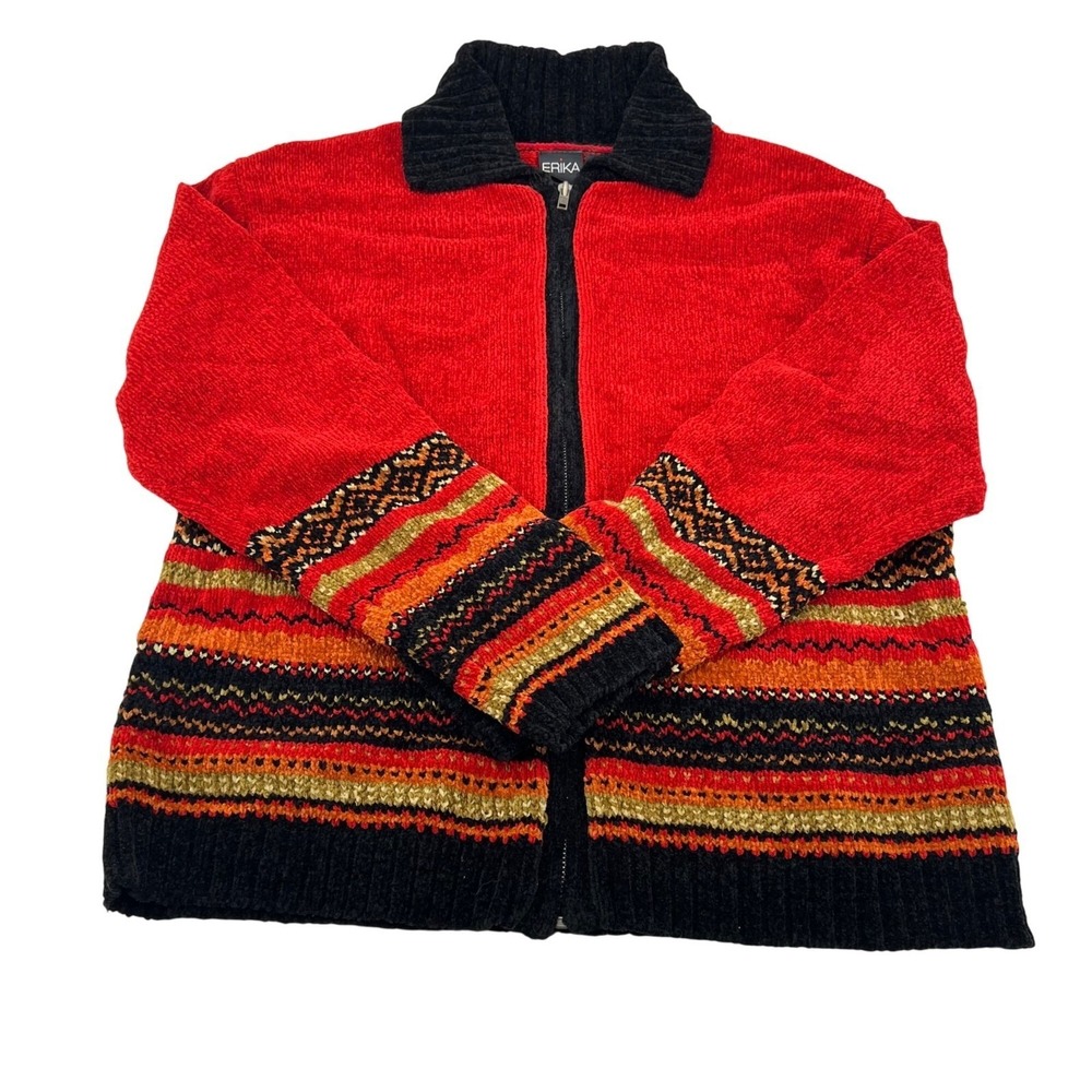 Erika Red Acrylic Zip-Up Sweater Red Black Collar Striped Pattern Size Med
